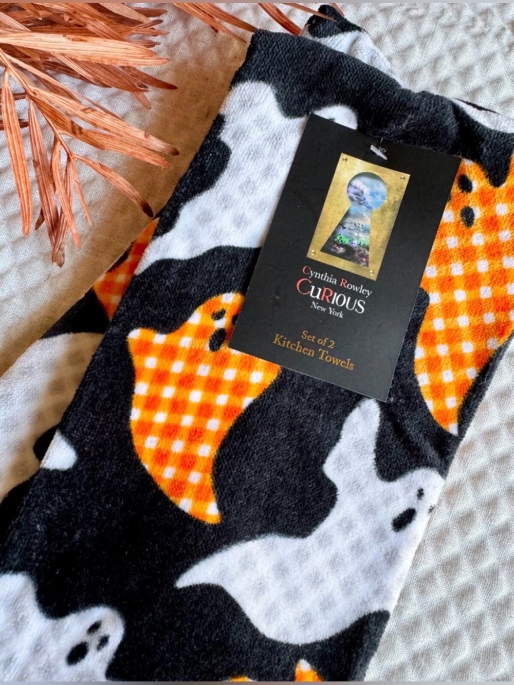 New Cynthia Rowley Curious Halloween Checkered Ghost Kitchen Hand Towel Set of 2